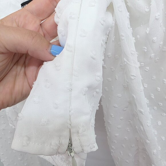 White Chiffon Swiss Dot Milkmaid Top Size L Lantern Sleeve Crop Ruched Bust - Picture 8 of 12